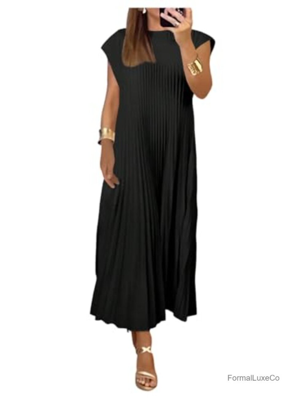 Womens Pleated Midi Dress Cap Sleeve Round Neck Loose Fit Casual